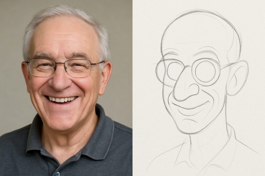 Mastering Caricature Drawing Techniques: Your Guide to Humorous Portraits 3 Mastering Caricature Drawing Techniques: Multi-panel image showing the observation and initial sketching process for caricature drawing.