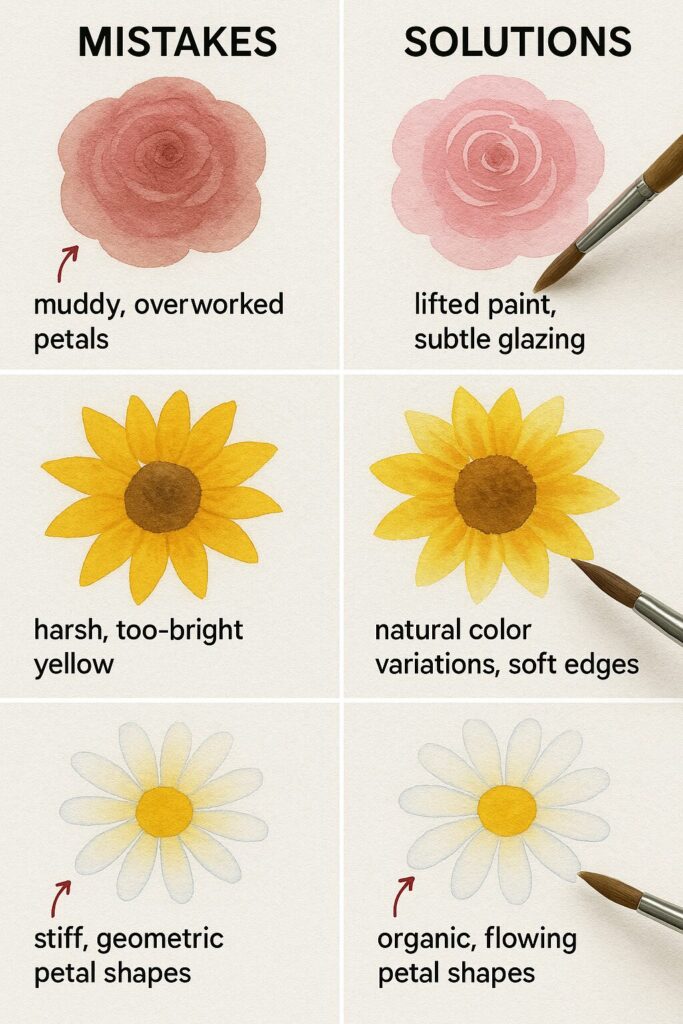 Before and after comparison showing common watercolor flower painting mistakes and their solutions