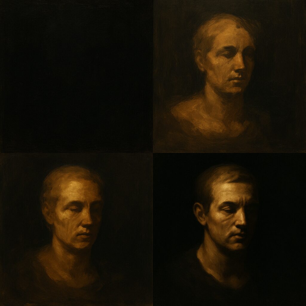 Step-by-step demonstration of tenebrism painting technique showing dark background with selective lighting