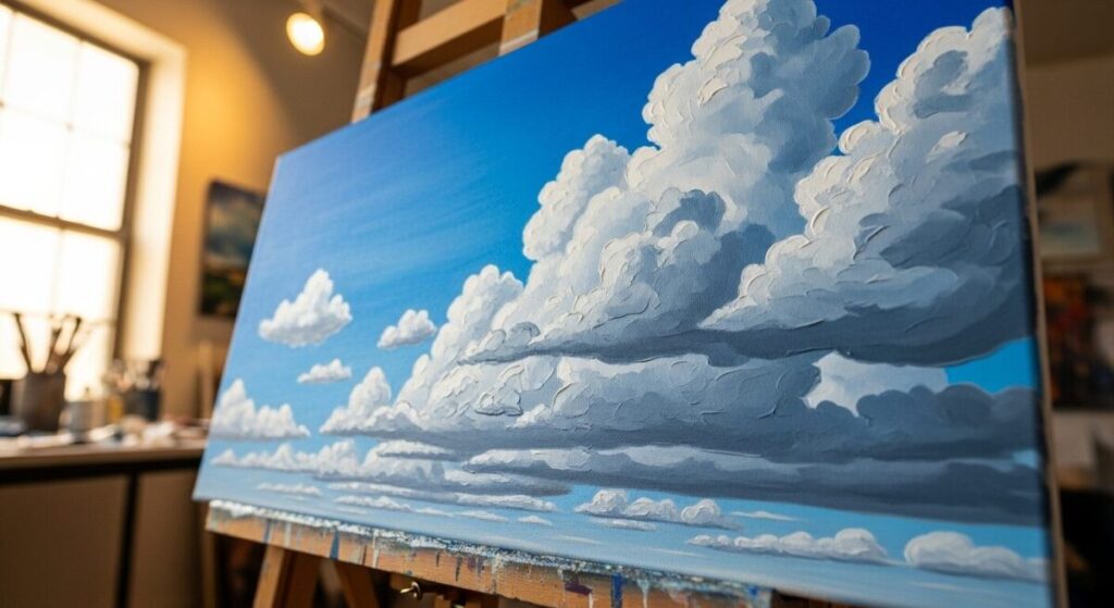 Painting the Sky: How to Paint Clouds with Acrylics for Beginners 5 An in-progress acrylic painting showing clouds with a soft greyish-blue shadow color applied to their undersides, creating a three-dimensional effect.