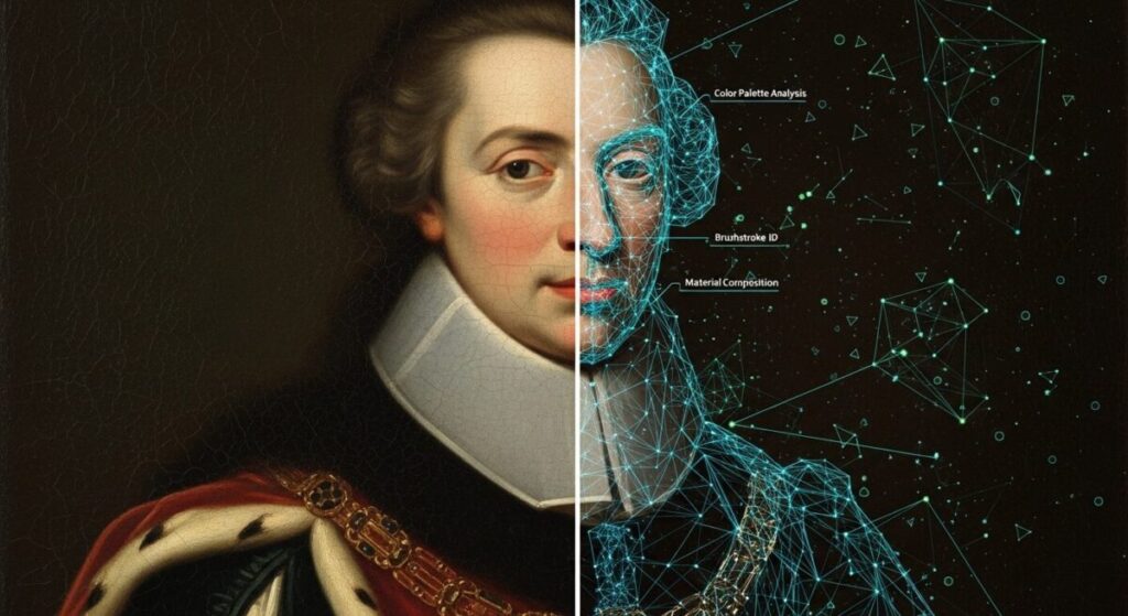 A side-by-side comparison showing how AI helps in the preservation of art, with one half being the original painting and the other a digital analysis.