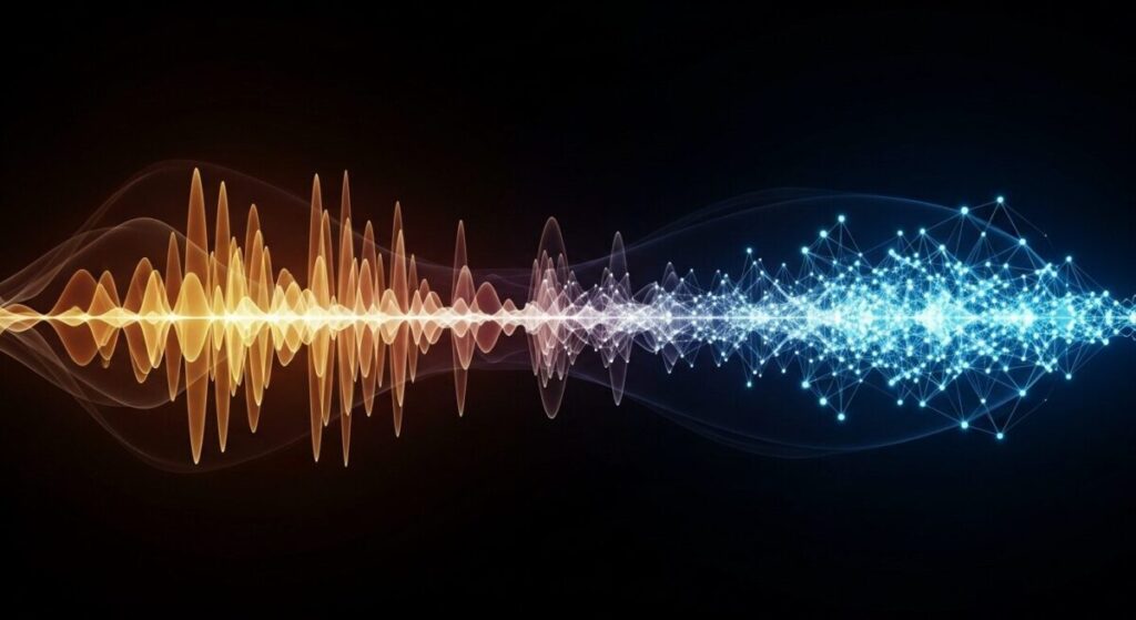 A visual representation of AI cultural preservation showing a soundwave of a human voice transforming into a glowing, digital network of data points against a dark background.