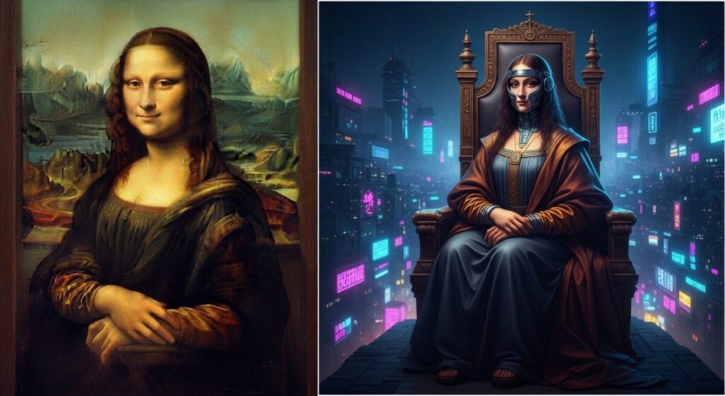 A side-by-side comparison of the original Mona Lisa and an AI reimagined version of her as a cyberpunk queen, demonstrating the power of AI art generators