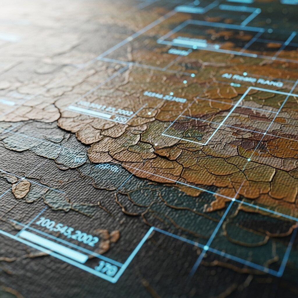 A detailed close-up of a damaged painting being digitally scanned, illustrating how AI helps in the preservation of art by detecting areas for restoration.