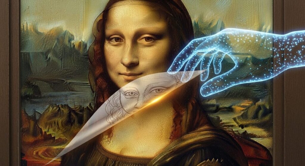 An illustration of AI technology revealing a hidden underdrawing beneath a famous painting, a key example of how AI helps in the preservation of art.