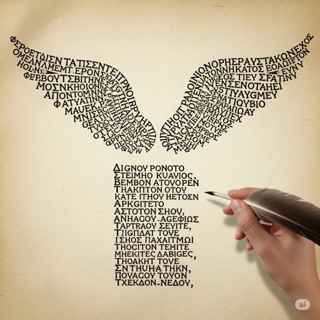 Drawing with Text Characters: Ancient Greek pattern poetry manuscript showing text arranged in wing-like shapes, demonstrating early forms of visual text art