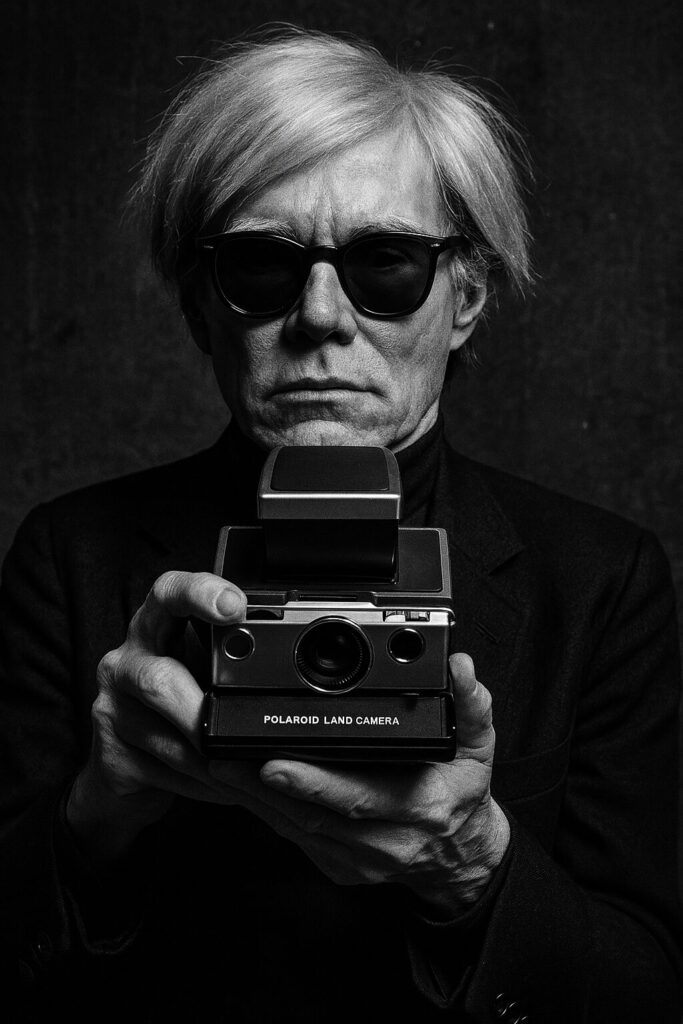 Andy Warhol pointing a Polaroid camera, symbolizing his work on surveillance and the FBI's interest in him as one of the famous artists who were spies.