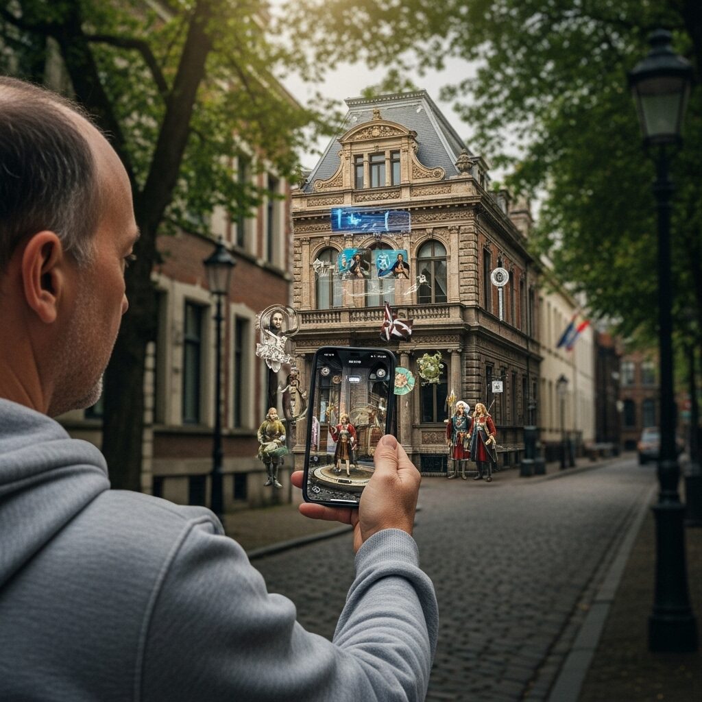 From Navigation to Canvas: Discovering the World of Google Maps Art 6 Person holding smartphone showing augmented reality art overlay on historic building