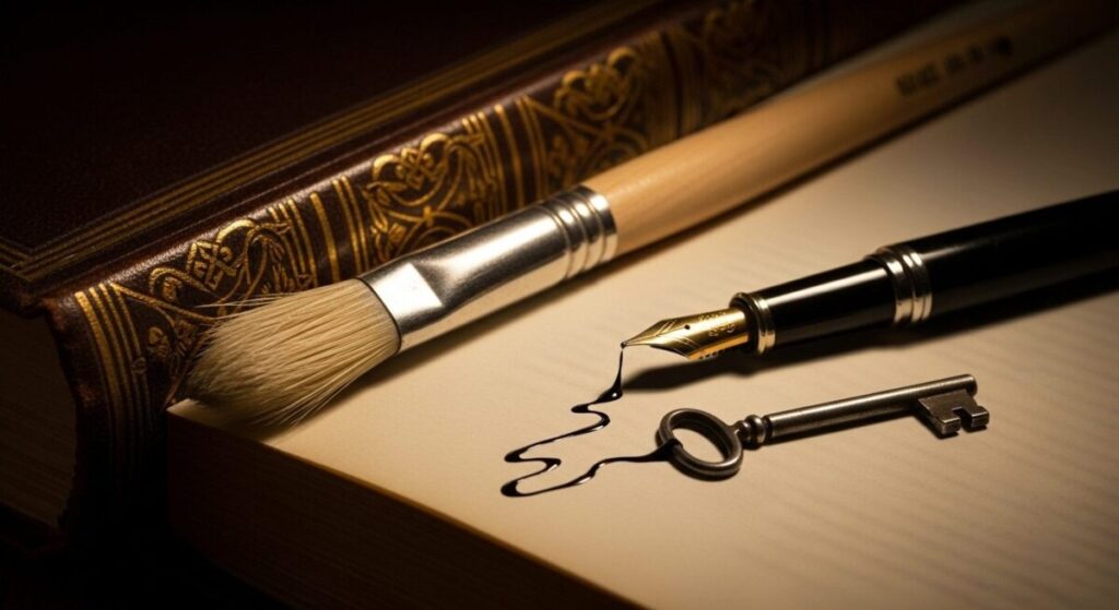 A conceptual image showing a paintbrush and a pen with a coded message, representing the link between famous artists and spies.