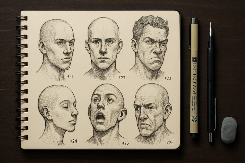 Strategic Creativity: A Guide to Art Challenges for Specific Goals 3 Art Challenges for Specific Goals: A sketchbook page showing six detailed head drawings, part of the 100 Heads Challenge for artist portfolio building.
