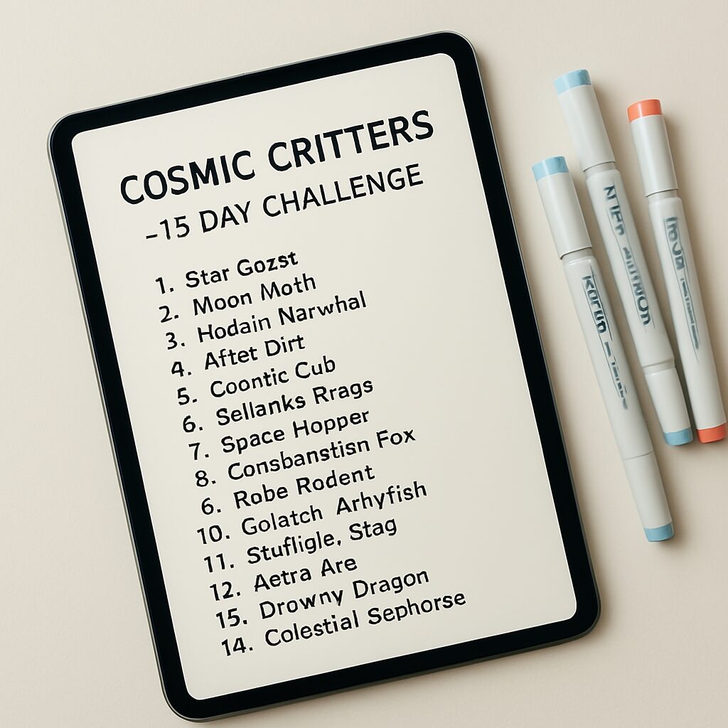 Unleash Your Creativity: A Step-by-Step Guide to Creating and Running Your Own Art Challenge 4 A finished art challenge prompt list for a 'Cosmic Critters' theme displayed on a tablet, surrounded by colorful art markers.