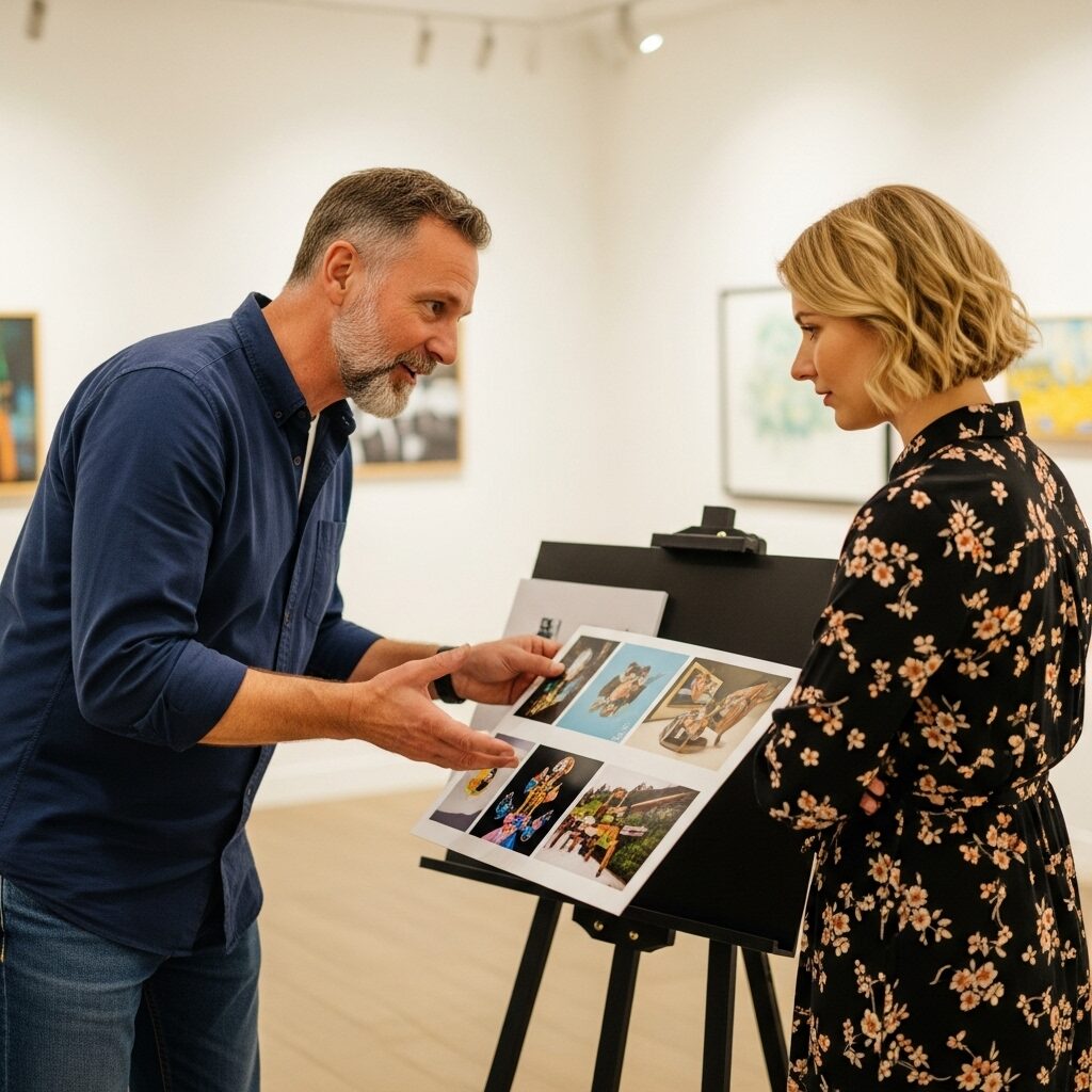 Unlock Your Earning Potential: The Ultimate Art Commission Pricing Guide 6 An artist and a client having a positive discussion over a portfolio, highlighting the importance of clear communication in art commissions