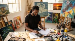 Unlock Your Earning Potential: The Ultimate Art Commission Pricing Guide 3 Art Commission Pricing Guide: An artist in their sunlit studio, contemplating a large portrait painting on an easel, illustrating the process of pricing art commissions.