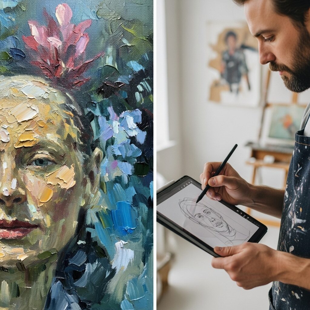 Unlock Your Earning Potential: The Ultimate Art Commission Pricing Guide 5 A split image showing the detailed texture of a painting and an artist sketching on a tablet, symbolizing different art commission pricing models
