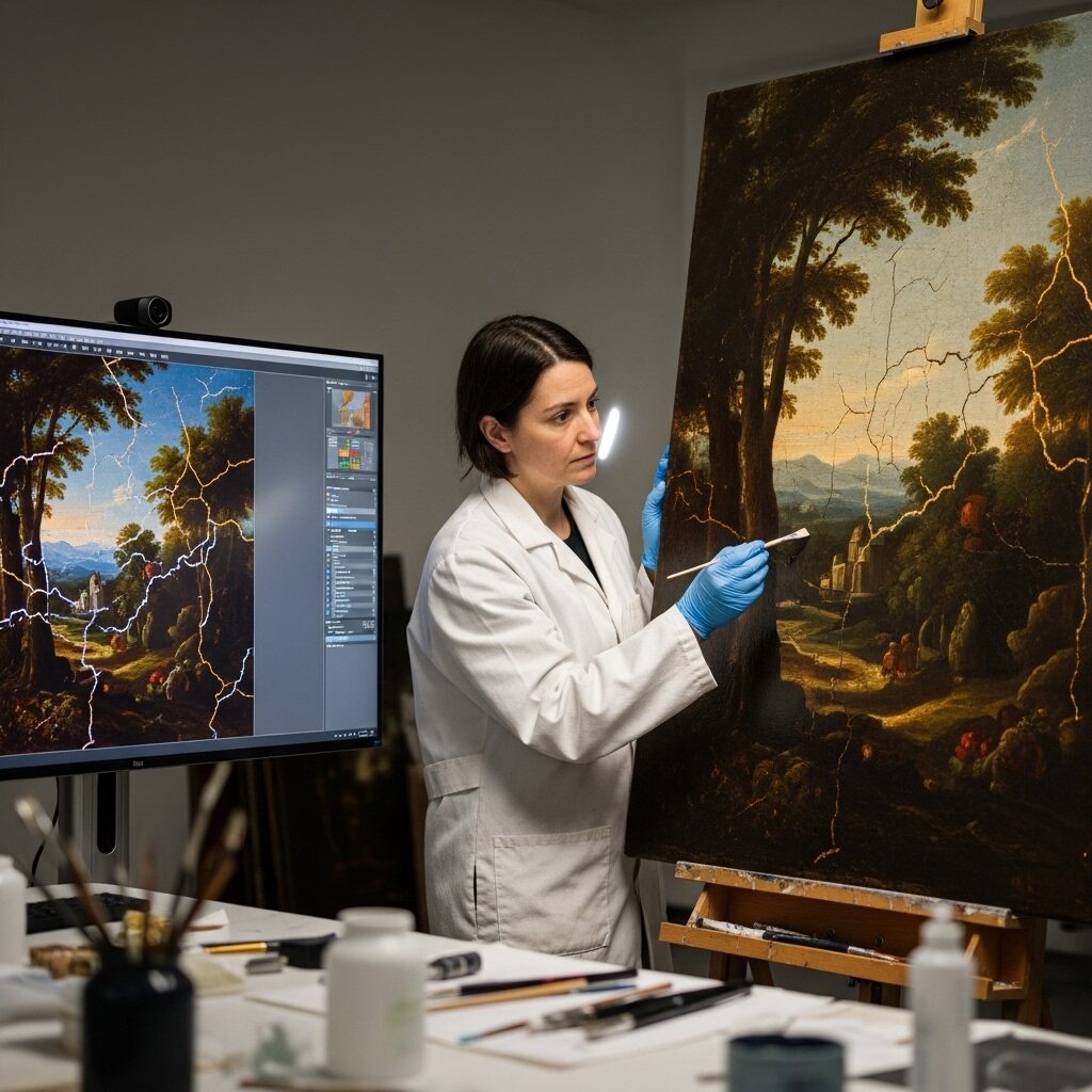 An art conservator uses a computer with AI software to assist in the delicate process of restoring an old painting, demonstrating how AI helps in the preservation of art.