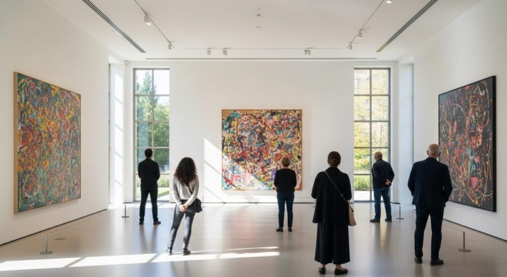 The Ultimate Guide to Art Gallery Etiquette for Beginners 3 Guide to Art Gallery Etiquette for Beginners: A welcoming modern art gallery with visitors practicing good art gallery etiquette for beginners by observing colorful paintings from a distance.