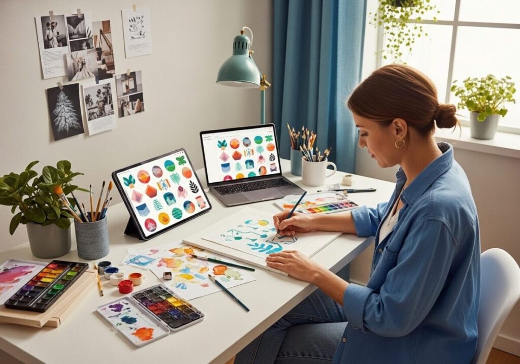 Artist using art inspiration resources including clip art elements to create new painting ideas on digital tablet