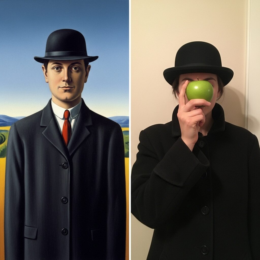 A humorous art recreation challenge photo showing a person at home recreating Magritte's The Son of Man with a real apple and a hat