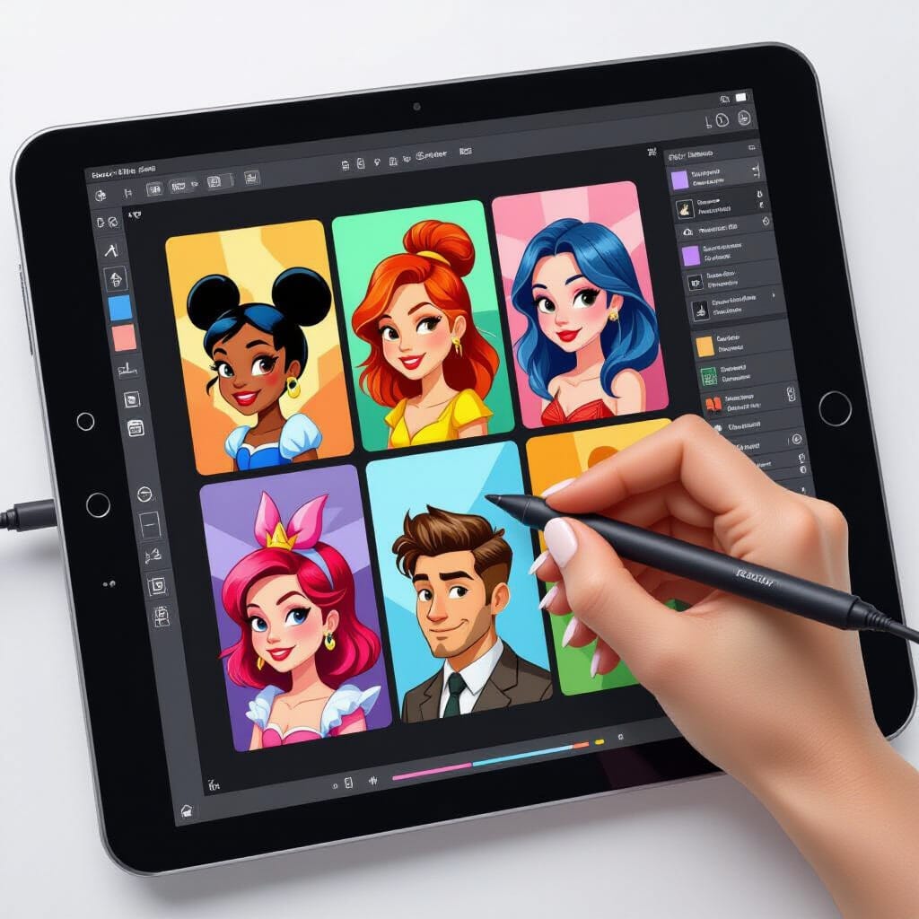 Strategic Creativity: A Guide to Art Challenges for Specific Goals 4 A digital art tablet showing a character drawn in 6 different art styles, illustrating the 20 Art Styles Challenge for style development.