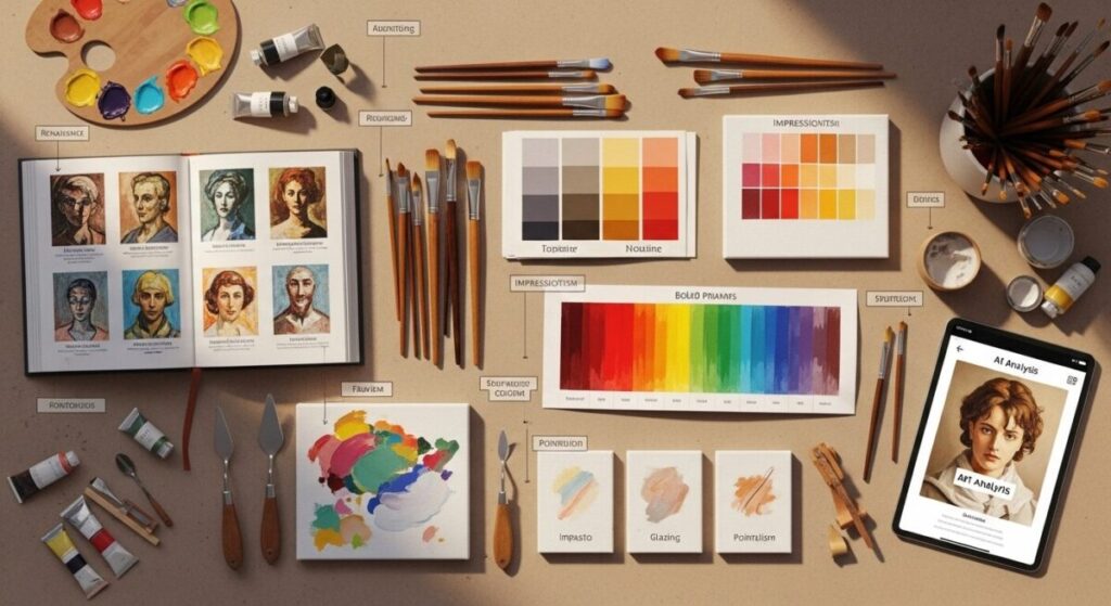 Interactive guide showing art styles explained through hands-on learning approach with painting techniques demonstrated step-by-step for beginners