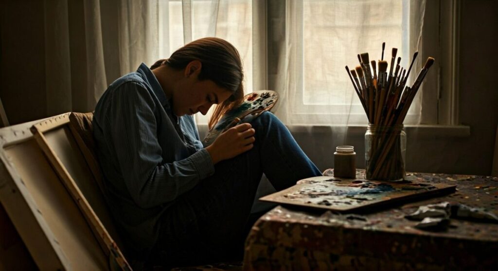 Overcoming the Void: Your Essential Guide to Artist Creative Burnout 3 Artist Creative Burnout: An artist sits on a stool in a cluttered but well-lit studio, head in their hands, looking down at a blank canvas on an easel, conveying a sense of exhaustion and creative burnout.