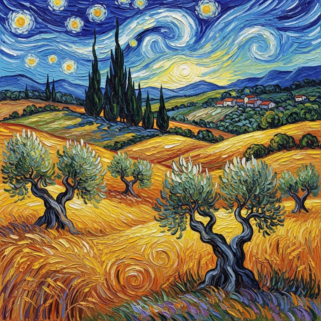 What is an Artist's Muse? The Secret Spark Behind the Masterpiece 6 A vibrant, sunlit landscape painting of Provence, France, with rolling hills and cypress trees, in the style of Vincent van Gogh, illustrating a place as a muse.