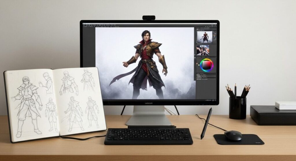 Strategic Creativity: A Guide to Art Challenges for Specific Goals 7 A professional artist's desk with a finished portfolio piece on the monitor and the preparatory sketches for it visible in a nearby notebook.