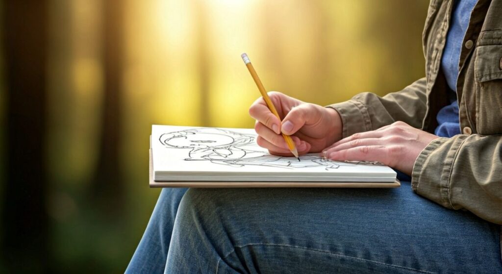 Overcoming the Void: Your Essential Guide to Artist Creative Burnout 6 An artist's hands are shown sketching freely in a notebook with a pencil, sitting on a park bench with lush green nature in the background
