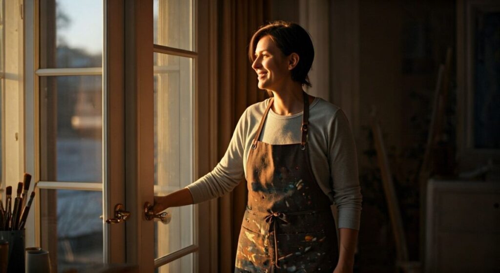 Overcoming the Void: Your Essential Guide to Artist Creative Burnout 7 An artist smiling as they gently close the door to their home studio at the end of the day, with the sun setting outside a window, symbolizing setting healthy work-life boundaries.
