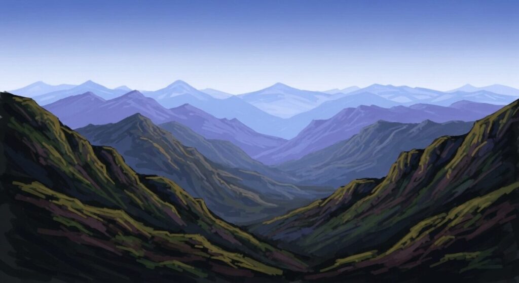 How to Paint Backgrounds: A Complete Guide to Creating Stunning Backdrops 8 How to Paint Backgrounds: A landscape painting demonstrating atmospheric perspective with foreground mountains in dark, detailed colors gradually becoming lighter and bluer toward the distant peaks