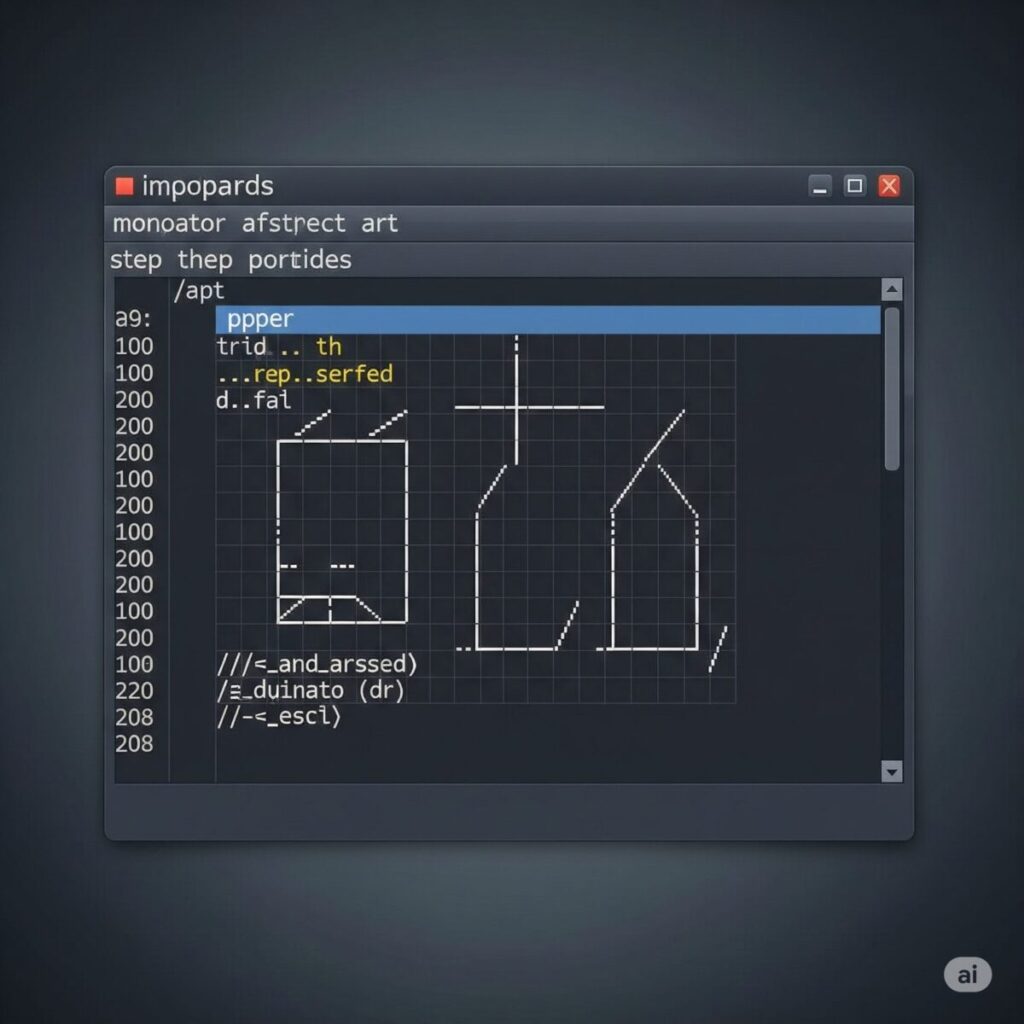 Computer screen showing text editor with monospaced font, displaying step-by-step ASCII art creation process