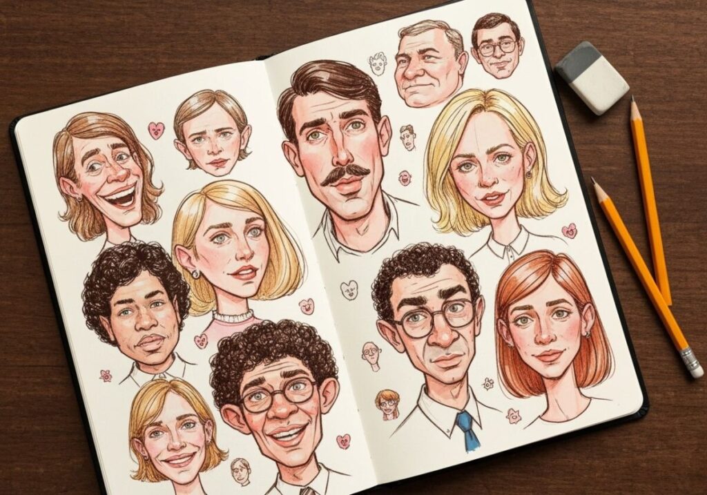 The Art of the Grin: A Beginner's Guide to the Wonderful World of Caricatures 7 A sketchbook open to a page filled with practice caricatures of different facial features - eyes, noses, and mouths