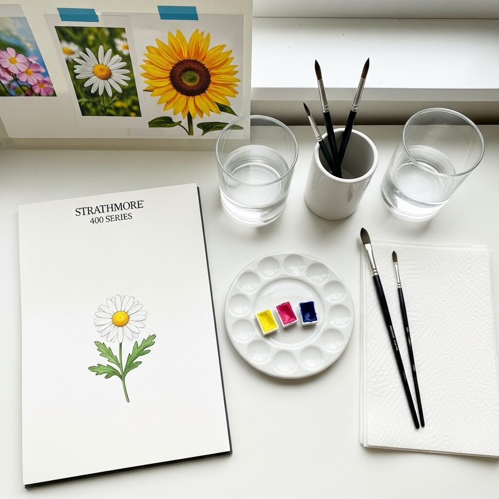 Easy watercolor flowers for beginners: Watercolor painting workspace with brushes, paints, and paper showing simple flower drawings for beginners