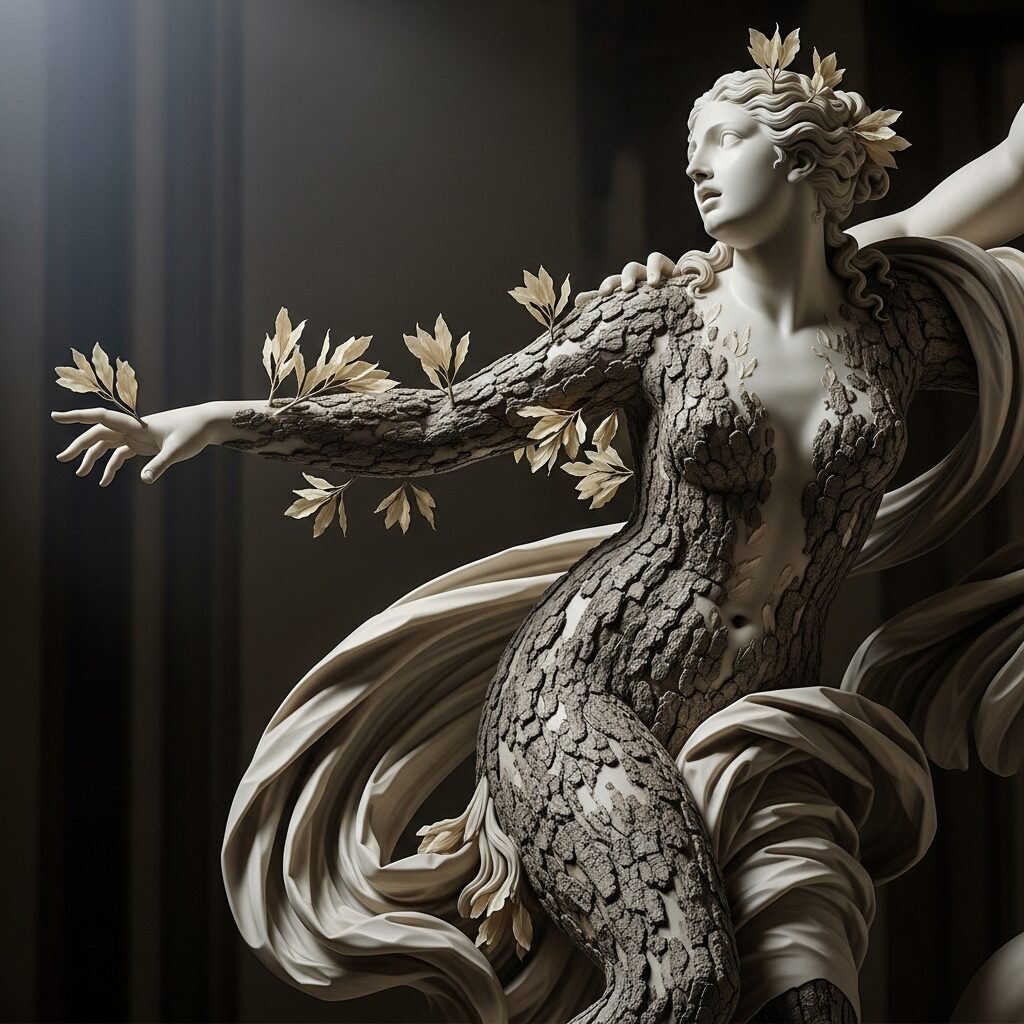 Close-up of Bernini's Baroque sculpture, Apollo and Daphne, showing Daphne transforming into a laurel tree with leaves emerging from her fingers