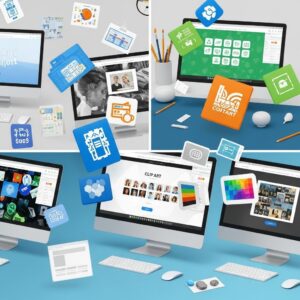 Creative projects using free clip art including presentations, flyers, social media posts, and digital art