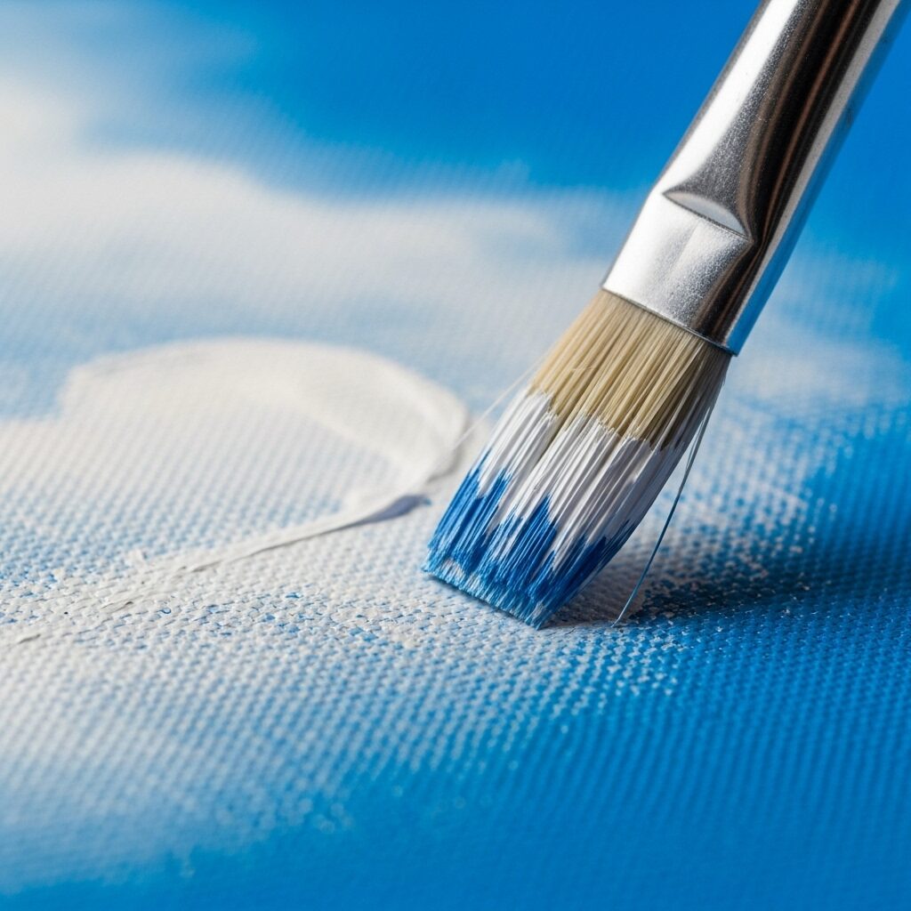 Painting the Sky: How to Paint Clouds with Acrylics for Beginners 6 a clean, damp brush softening the edge where a white acrylic cloud meets the blue sky, creating a hazy, realistic blend
