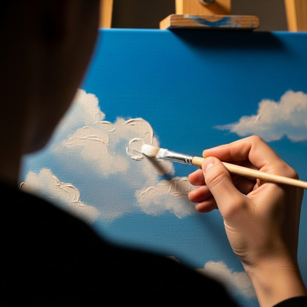 Painting the Sky: How to Paint Clouds with Acrylics for Beginners 4 A close-up of an artist's hand using a filbert brush to dab the basic shapes of puffy white clouds onto a blue painted canvas