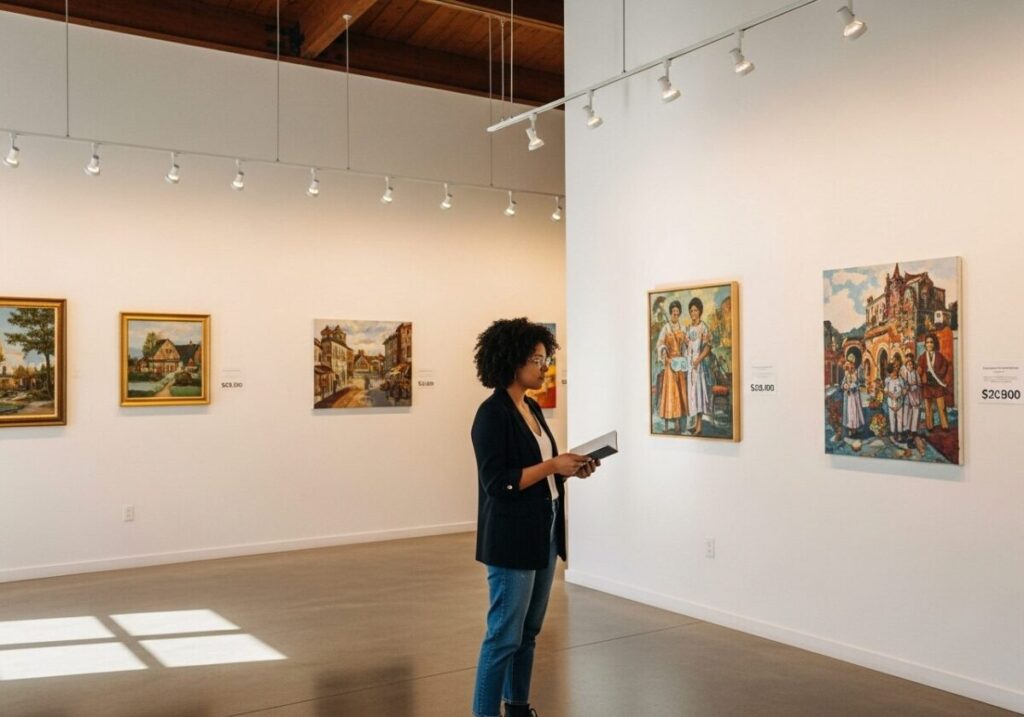Buying Art on a Budget: Young art collector examining affordable paintings in a contemporary art gallery, demonstrating budget-friendly art buying strategies