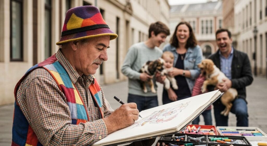 The Art of the Grin: A Beginner's Guide to the Wonderful World of Caricatures 4 caricature artist at a street market, smiling as they draw a funny portrait of a laughing family.