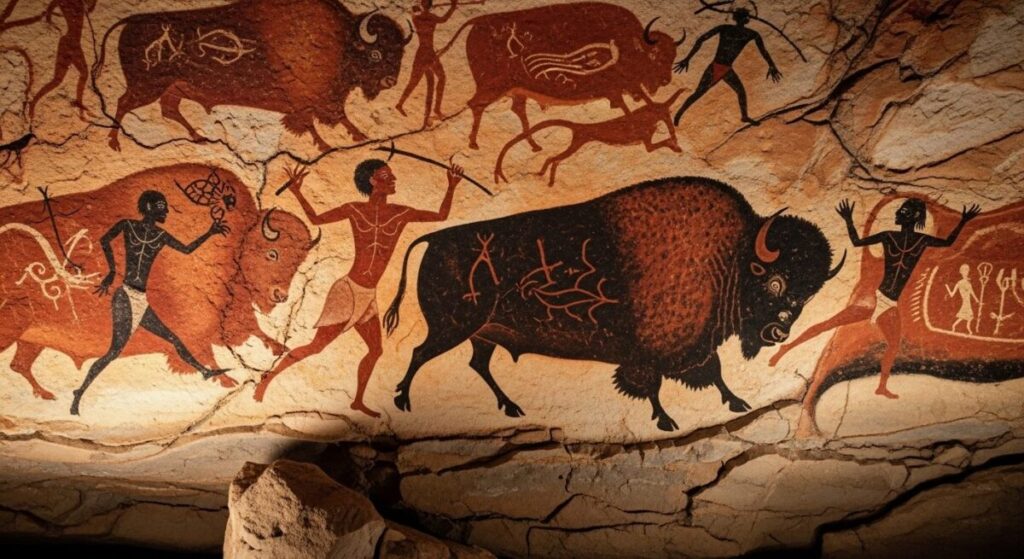 A vivid, ancient cave painting showing human figures and bison in dynamic poses, with earthy red and black pigments. 