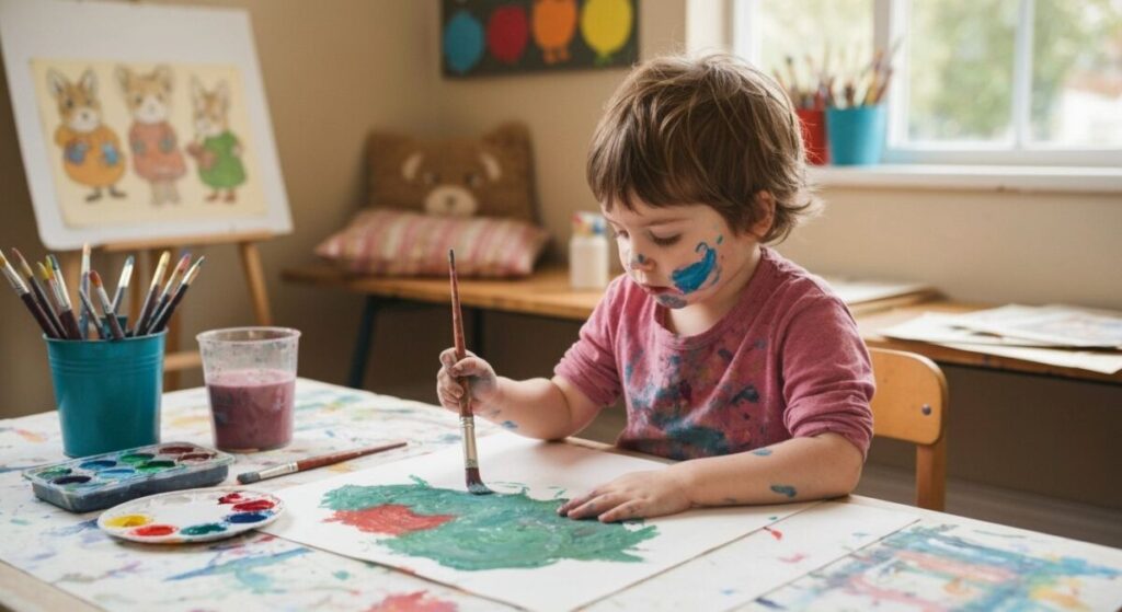 What Is Tempera Paint? A Secrets Guide for Beginners and Kids 7 A happy child having fun and being creative while painting with colorful, non-toxic tempera paints.