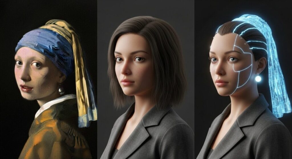 Classic Paintings Reimagined: A three-panel image showing Girl with a Pearl Earring reimagined, from the original painting to a realistic render to a futuristic AI android version