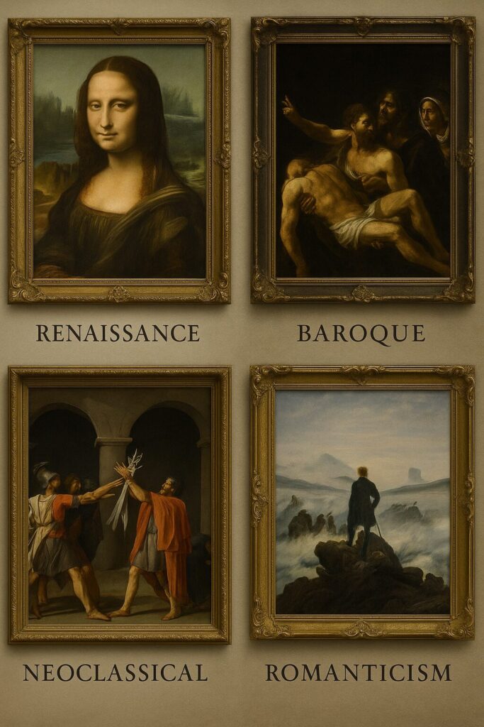 Classical art styles explained showing Renaissance realism versus Baroque dramatic lighting techniques in side-by-side masterpiece comparison