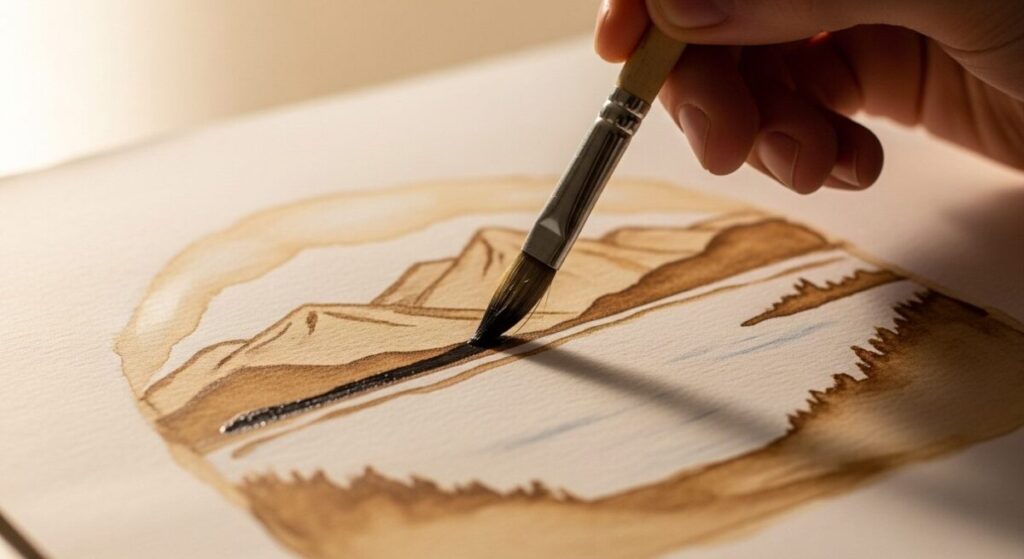 An in-progress coffee painting of a landscape, demonstrating the layering technique where lighter washes form the sky and darker layers build up the mountains and trees.