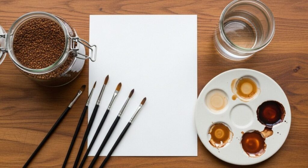 A flat-lay image of all the supplies needed for coffee painting for beginners, including instant coffee, watercolor paper, brushes, and water jars, arranged neatly on a wooden table.