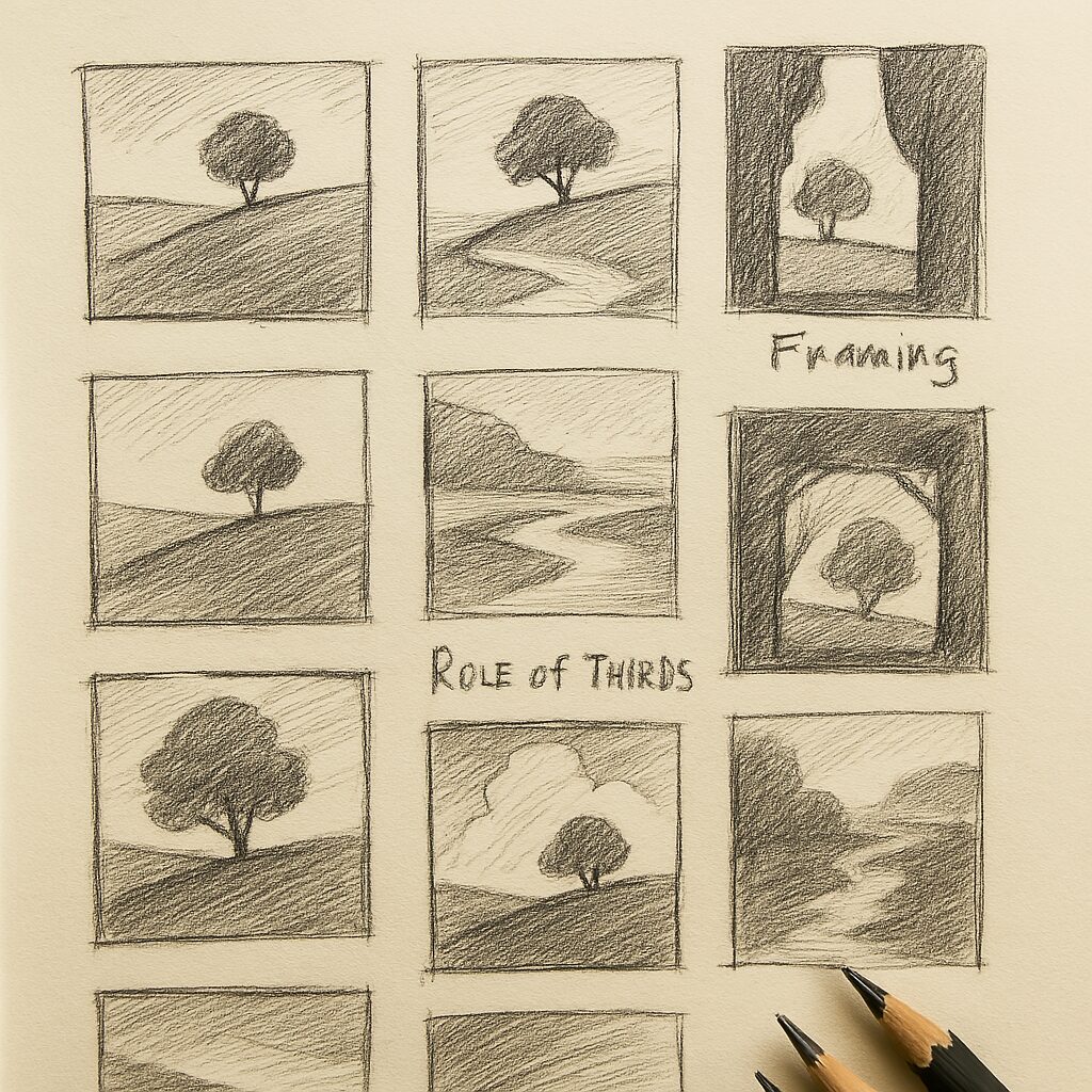 Strategic Creativity: A Guide to Art Challenges for Specific Goals 6 A sketchbook page filled with thumbnail sketches exploring different compositional rules like the Rule of Thirds and leading lines.
