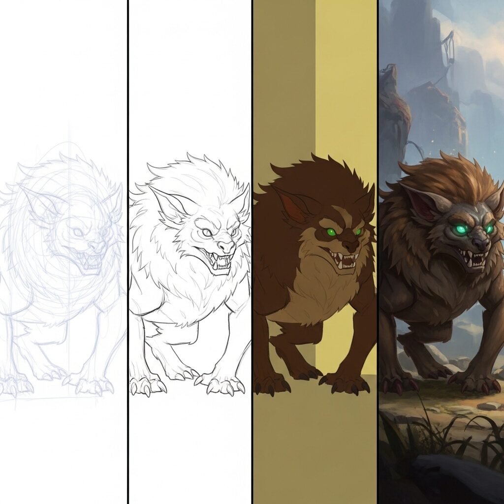 A time-lapse or multi-panel image showing the stages of a digital concept painting, from a rough sketch to a refined, colored artwork, demonstrating layers and brushstrokes.