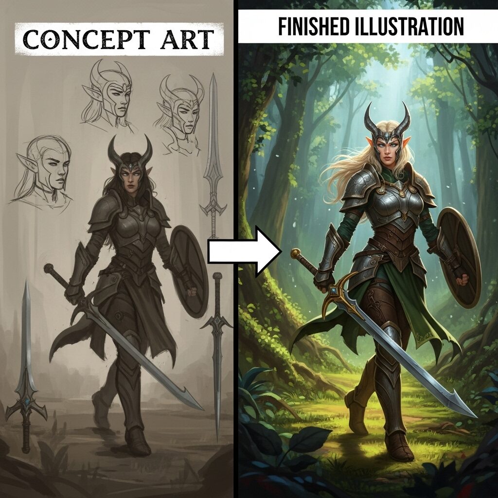 A side-by-side comparison of a piece of concept art (rougher, exploratory) and a finished illustration (polished, detailed) from the same project, clearly showing their distinct purposes.
