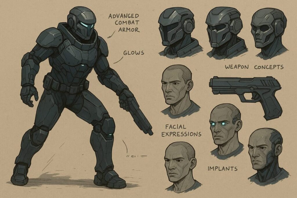 A digital character concept art sheet showing multiple views (front, side, back) and different expressions/costume details for a futuristic sci-fi character, complete with small notes on design choices