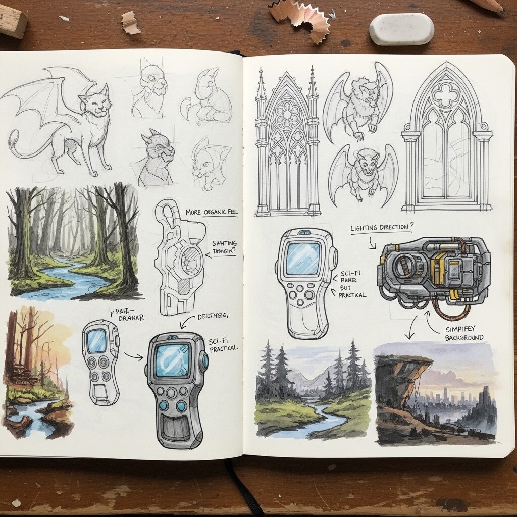 An open physical sketchbook filled with various traditional concept art sketches in pencil and ink, showing rough ideas for creatures, objects, and environments, some with handwritten notes
